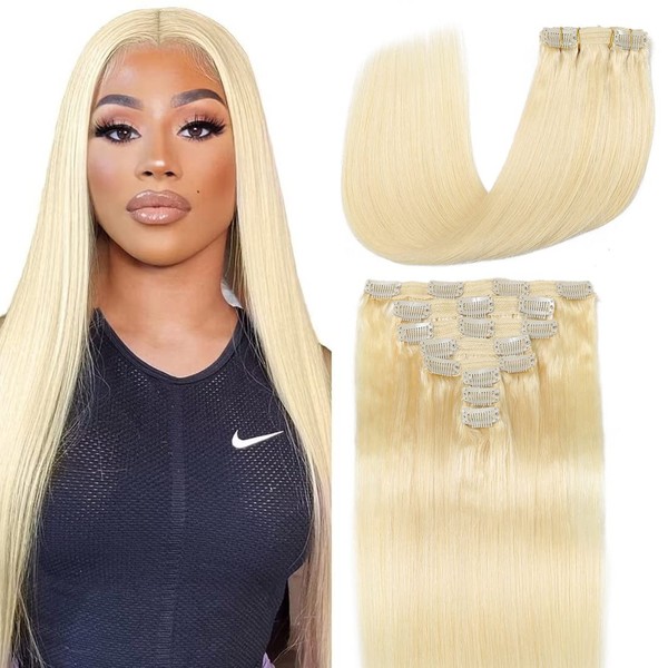Clip-In Real Hair Extensions, 8 Pieces, Straight, Remy Human Hair, Full Head Human Hair Extensions, Clip-In Double Weft, Real Remy Hair (16 Inches, #613 Bleach Blonde)