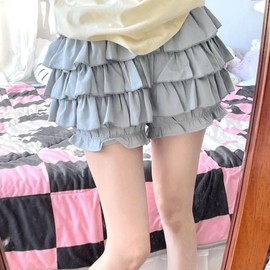 RILGOU Harajuku Lolita Goth Kawaii Fashion Gothic Clothes Elastic Waist Cute Lace Trim Tiered Short Skirt M Blue