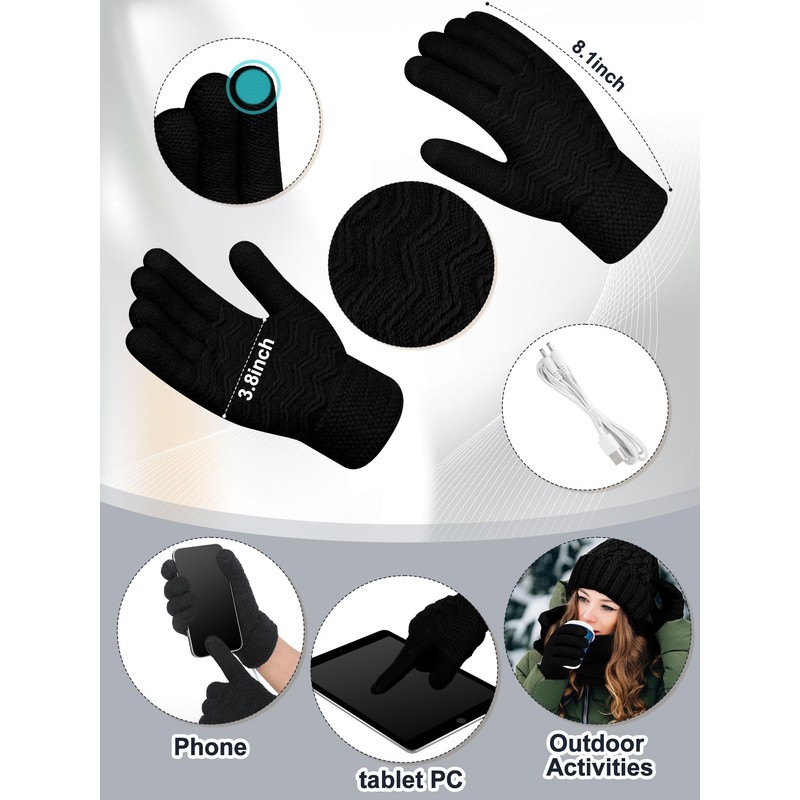 Cutecrop 3 Pcs USB Heated Hat Scarf Gloves Set for