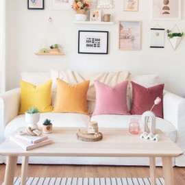 MONDAY MOOSE Decorative Throw Pillow Covers Cushion Cases, Set of 4 Soft Velvet Modern Designs, Mix and Match for Home Decor, Pillow Inserts Not Included (18x18 inch, Yellow/Pink)