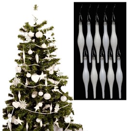 Simply Products 10 Droplet Baubles - Great Christmas Tree Decoration, Matte & Glitter Icicle Baubles (White Glitter & Matte)