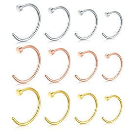 JFORYOU 12-24 Piece Stainless Steel Nose Ring / Piercing Hoop Set, 18G, 1.0 mm, 6 mm, 8 mm, 10 mm, 12 mm, Stainless Steel
