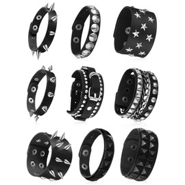 Hicarer 9 Pieces Spiked Studded Bracelet Black Leather Rivet Punk Bracelet Cuff Wrap Bangle Snap Button Metal Wristband for Men Women (Trendy Style)