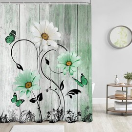 AAtter Green Floral Shower Curtain Extra Long 84 XL Flower Rustic Country Sage Mint Cute Daisy Spring Butterfly Home Bathroom Decor Bathtub Set with 12 Hooks,72x84,Farmhouse