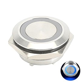 Powice 25 mm Button Waterproof Momentary Switch with Blue LED Light, Pressure Switch Push Button 3A/12V/24V/220V, Suitable for Cars, Ignition Systems, Doorbells (Flat Head)