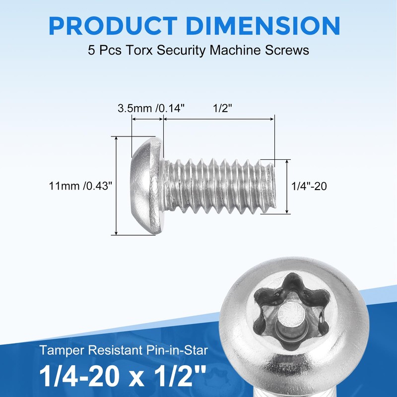 uxcell 5Pcs Torx Security Machine Screws, 1/4-20 x 1/2" 304