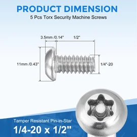uxcell 5Pcs Torx Security Machine Screws, 1/4-20 x 1/2" 304 Stainless Steel Tamper Resistant Button Head Screws Bolt Full Thread for Anti-Theft Tamper Proof, Silver Tone