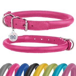 Rolled Leather Dog Collar Soft Round Collars, ID Tag for Small Medium Large Dogs (7-10 inch, Pink)