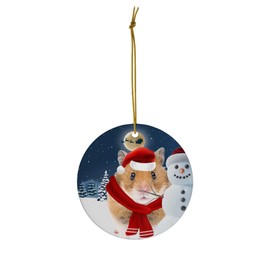 Festive Winter Night Pet and Snowman Ornament - Syrian Hamster Christmas Ornament Circle Ceramic - Funny Holiday Xmas Tree Decoration Gifts for Hamster Lovers