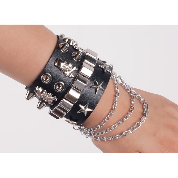 Retro Punk Rock Multi Circle Rivet Chain PU Creative Wrap