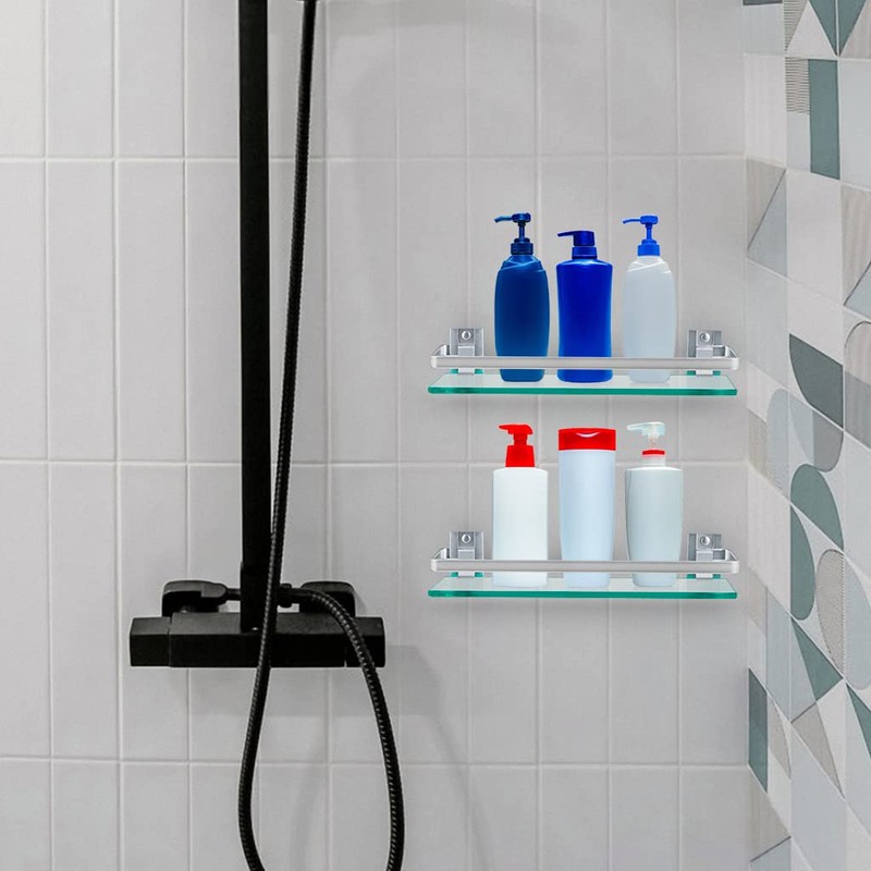 Sanbege 2-Pack Tempered Glass Bathroom Shelf with Rail, 15" x