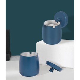 Blue stainless steel ashtray round windproof outdoor ashtray cover for home, car, office, coffee shop(4.1in x3.7in)