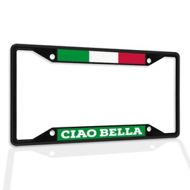 Fastasticdeals Metal Insert License Plate Frame Ciao Bella with Italian Flag E Weatherproof Car Accessories Black 4 Holes Solid Insert