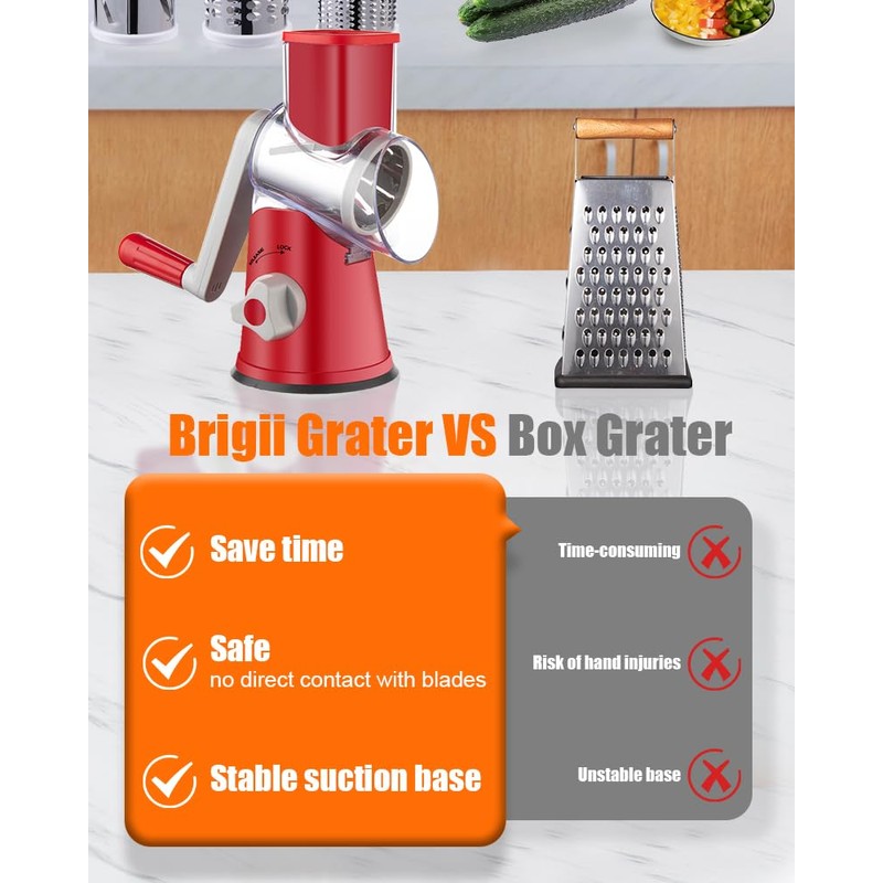 Brigii Rotary Cheese Grater Hand Crank, Cheese Shredder with 3
