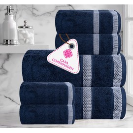 Casa Copenhagen Solitaire Designed in Denmark 600 GSM Hotel & Spa Decorative Kitchen & Bathroom Egyptian Cotton 6 Piece Towel Set, Includes 2 Bath Towels 2 Hand Towels 2 Washcloths – Navy Blue
