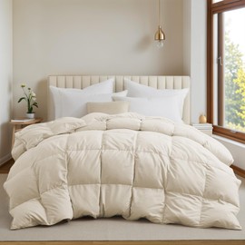 UNIKOME Goose Feather Down Comforter - All Season Duvet Insert with Soft Downproof Cover, Cloud-Like Fluffiness Down Feather Comforters, (Full/Queen, Cream,88"X90")
