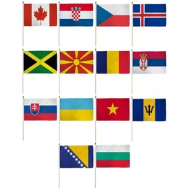 Set of 14 Iceland, Canada, Vietnam, Barbados, Jamaica, North Macedonia, Slovakia, Romania, Seria, Croatia, Bosnia & Herzegovina, Bulgaria, Czech Republic, Ukraine Country 12x18 12"x18" Polyester Stick Flag On 24" Wooden Staff