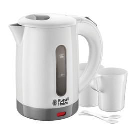 Russell Hobbs Wasserkocher klein [0,85l Reisewasserkocher mit weltweiter Spannungsanpassung] Travel (1000W, inkl. 2 Tassen & 2 Teelöffel, optimierte Ausgusstülle, kompakter kleiner Teekocher) 23840-70