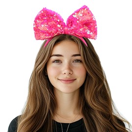 Yheahin Big Bow Headband for Women Soft Bow-Knot Hair Hoop with Sparkling Sequins Festival Costume Large Hair Bow Accessory (Rose pink, Elastic)