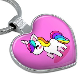 Cute Kawaii Rainbow Unicorn Chibi Keychain Heart Love Metal Key Chain Ring