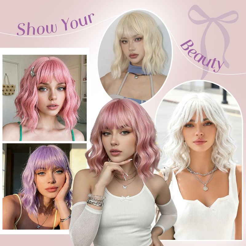 Short Wig with Bangs, Short Wavy Bob Wig for Cosplay