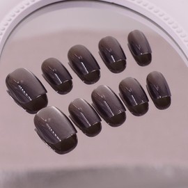 24 Pcs Short Press on Nails Cat Eyes Fake Nails Square False Nails Pure Grey Glue on Nails Solid Color Designs Fake Nails Glossy Acrylic Nails Full Cover Art Decoration Stick on Nails for Women Girls