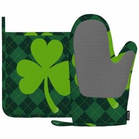 Mxocom Green Clover Oven Mitts and Pot Holders Sets Green Clover Paid Background for Happy St Silicone Heat Resistant Kitchen Oven Gloves Pot Holder for Cooking