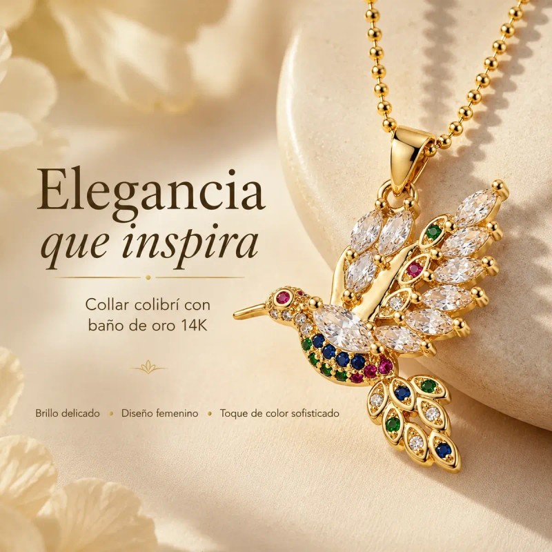 Collar Para Mujer Bano Oro 14k Dije Colibri Moissanita Multi