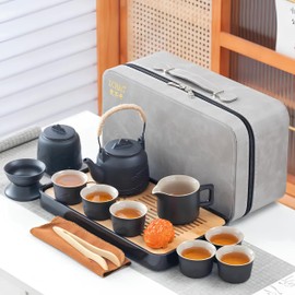 ICHAG Japanese & Chinese Tea Set, Adults' Portable Gongfu Tea Set with Teapet with Porcelain Teapot, 10oz Teapot,14-Piece 茶具 for Home/Outdoor/Office Gifts (Black)
