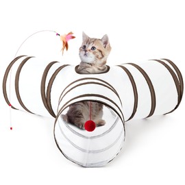 Tempcore Pet Cat Tunnel Tube Cat Toys 3 Way Collapsible, Cat Tunnels for Indoor Cats，Kitty Tunnel Bored Cat Pet Toys Peek Hole Toy Ball, Puppy, Kitty, Kitten, Rabbit White&Brown