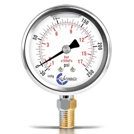 CARBO Instruments Stainless Steel Pressure Gauge Dual Display (-30 Hg - 0-250 psi/kPa) - 2 1-2" Glycerine Liquid Filled Water Air Oil Gas Gauge with Polycarbonate Lens - Compound Vacuum - 1/4" NPT