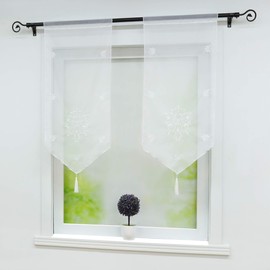 Joyswahl Net Curtain Voile Bistro Curtains with Tassel Embroidery Flower Motif Erna Short Curtain with Drawstring Pack of 1
