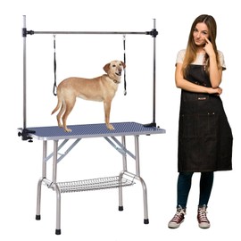 Fegherug Pet Dog Grooming Table, Stainless Steel Professional Pet Drying Table, Adjustable Height Shower Bathing Station Desk for Dogs Cats with Arm & Noose & Mesh Tray, Up to 330lbs, 46''/ Blue