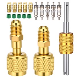 Mudder 18 Pcs R32 R454b A2l Adapter Kit for Split 1/4" Female to 1/4" Male Reverse Thread Adapter 45 Degree Kit with Valve Core Remover Gasket and Thimbles