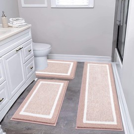 Pauwer 3 Piece Bath Mat Set Bathroom Rugs, Non Slip Plush Bathroom Mats, Absorbent Shaggy Bathroom Rug Set with U-Shaped Contour Toilet Mat for Bathroom Bedroom Living Room, Dusty Pink