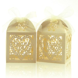 COTOPHER Laser Cut Boxes 100pcs Thank You Gift Boxes Wedding Party Favor Boxes Lace Candy Boxes for Wedding Bridal Shower Baby Shower Birthday Party Decorations with Ribbons (2x2x3inch, Beige, 100)