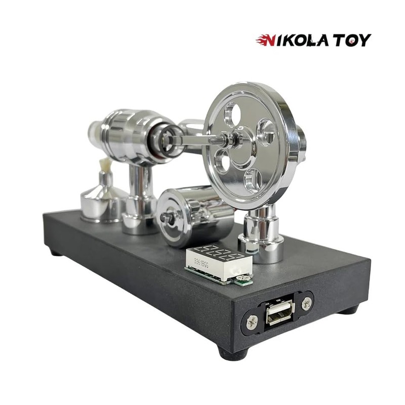 NIKOLATOY Mirror Polished Stirling Engine with Voltmeter & USB Plug