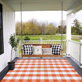 Fall Outdoor Rug Orange Buffalo Plaid Outdoor Rug Cotton Hand-Woven Buffalo Check Rug Layered Doormats for Front Door/Front Porch/Farmhouse/Entryway/Patio