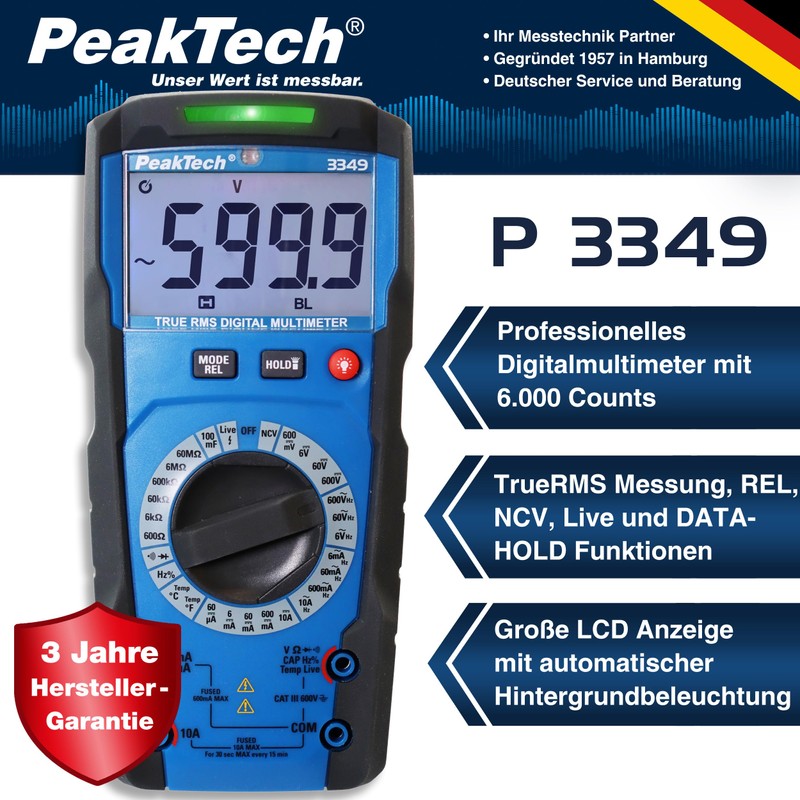 PeakTech 3349 True RMS Digital Multimeter, Manual Range, 6000 Counts,