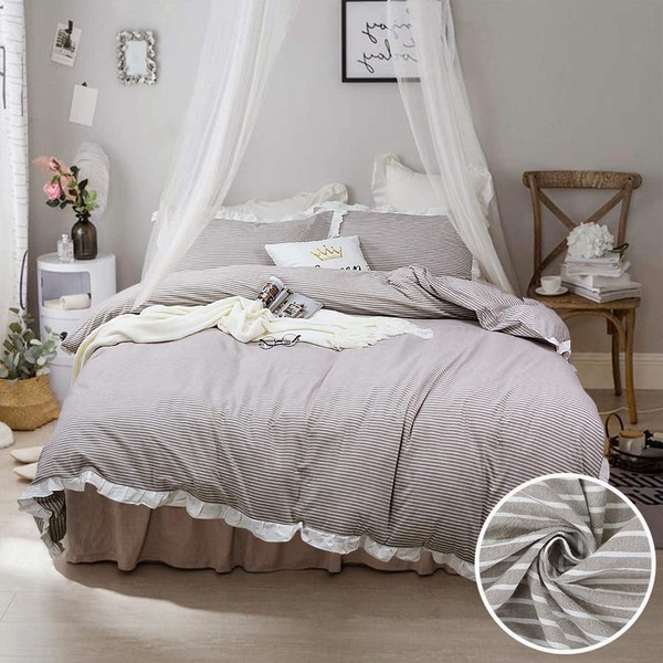 Softta Vintage Ruffle Striped Bedding Set 100% Yarn Dyed Washed Cotton Queen Size 3pcs Duvet Cover Set White and Beige Gray