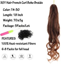 XGY Hair French Curly Braiding Hair 18 Inch 5 Packs French Curl Braids Pre Stretched Bouncy Braiding Loose Wavy Braid Hair Synthetic Hair Extensions For Women (T4/30, 18inch)