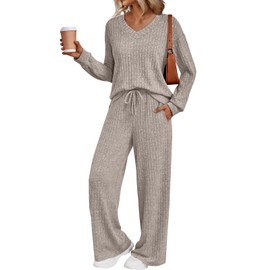 LILLUSORY Lounge Sets for Women 2 Piece Cute Long Sleeve V Neck Tops Pajama Pants Pjs Sets Sleepwears Fall Clothes Outfits Beige L