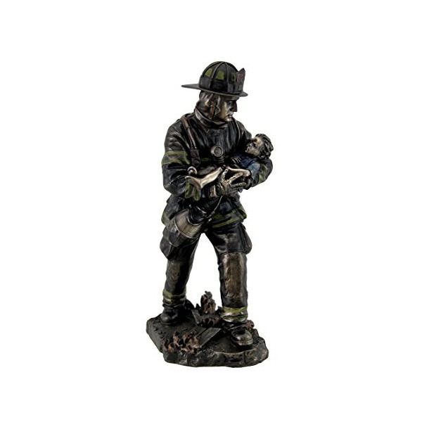 Resin Statues Firefighter Carrying Child Metallic Bronze Statue 11 Inches