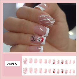 Christmas Press on Nails Short, White French Tip Christmas Fake/False Nails with Striped Elk Cute Press ons Designs Christmas Nails Press on Artificial Nails Stick on Nails For Women 24Pcs