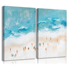 Lyizeba 2 Pieces Coast Beach Canvas Wall Art Summer Swimming Pictures Wall Decor Tiny People in Ocean Prints Coastal Surfing Minimalist Painting Artwork for Ocean view Home Decoration,16x24in