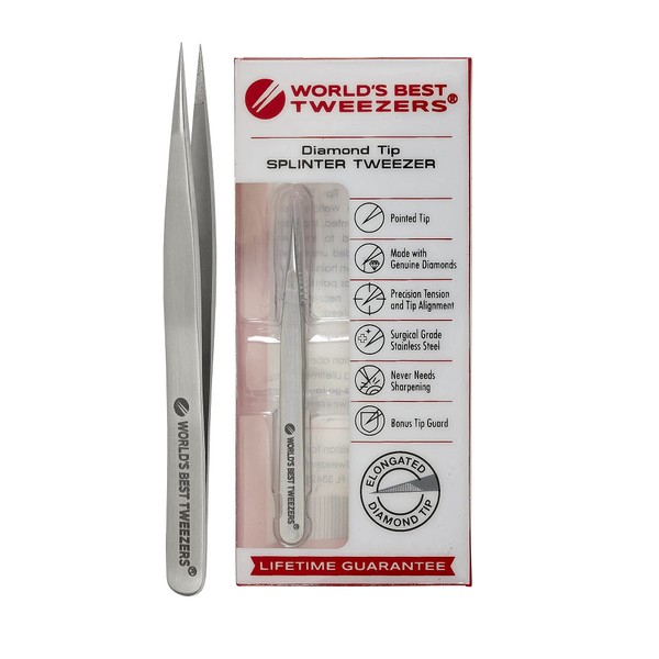 World's Best Tweezers Diamond Tip Splinter Tweezers - Diamond Coated, Professional Precision Needle Nose Pointed Tweezer for Ingrown Hair, Splinter, Ticks, and Glass Removal - Stainless Steel