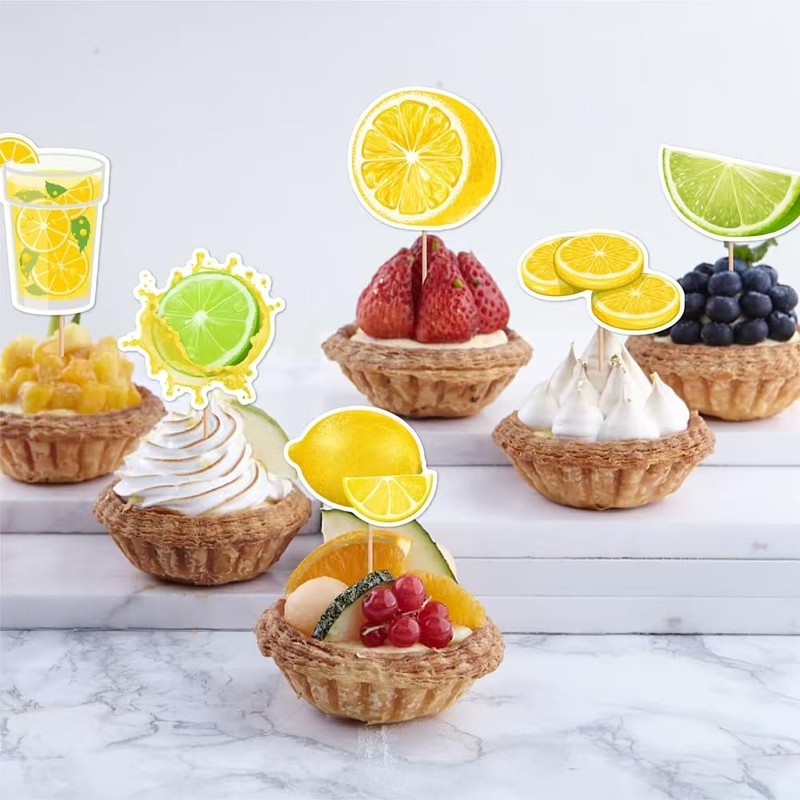 Dtzzou 24pcs Summer Lemon Cupcake Toppers Cute Fruits Cupcake Picks