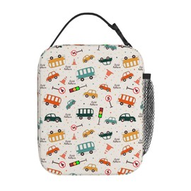 FATTTYCY Insulated Lunch Bag for Kids Fun Traffic Theme Print with Car, School Bus & Road Sign Designs