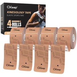 CKeep 4 Rolls Kinesiology Tape, Original Cotton Elastic Athletic Tape, 20 CT 10" Precut Strips Each, Waterproof Tape for Muscle Strain Relief and Joint Support, Beige