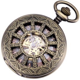 SIBOSUN Skeleton Pocket Watch Special 12 Little Window Case Design Men Bronze Mechanical with Chain Box